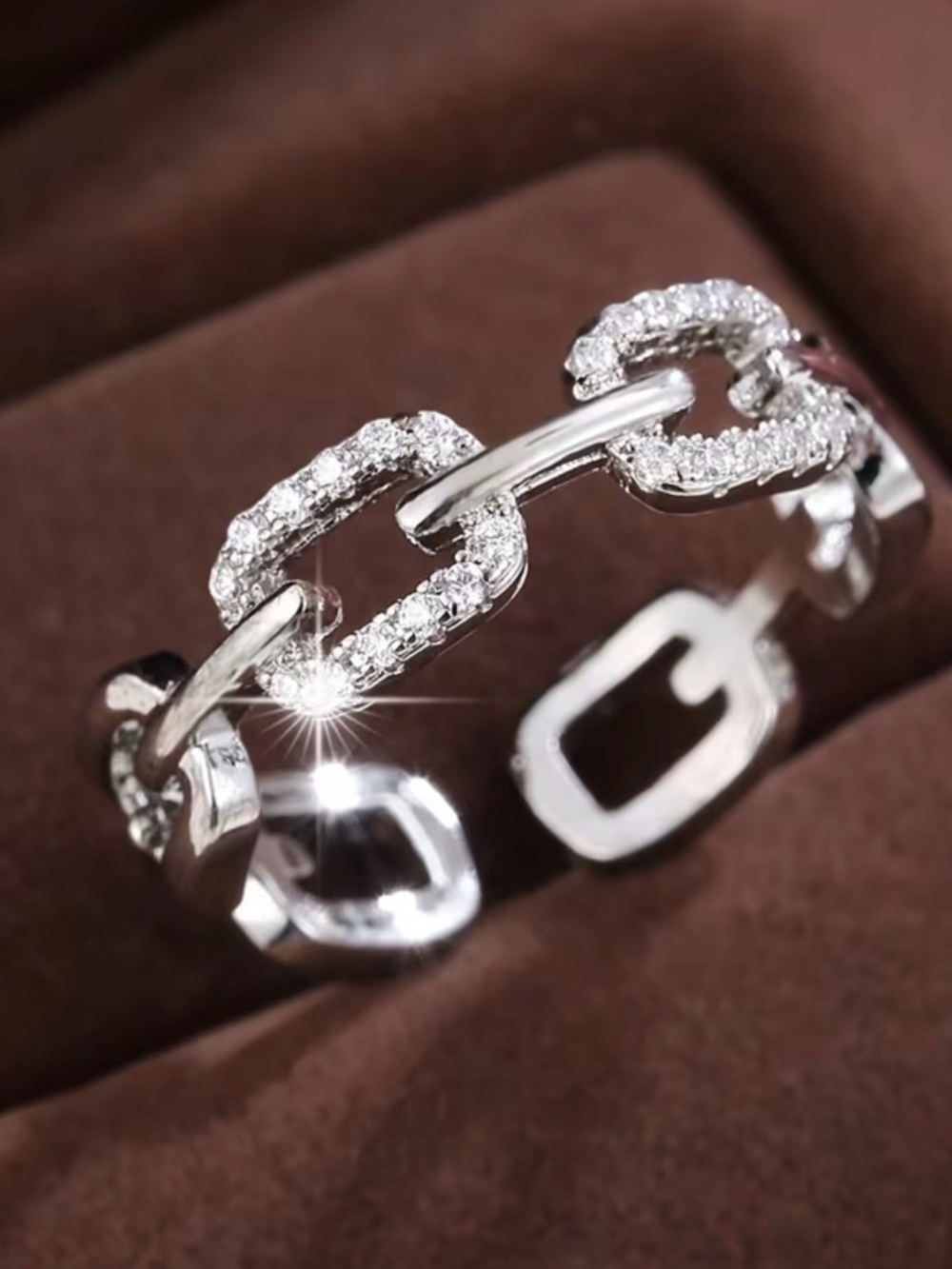 925 Sterling Silver Chain Link Diamond Ring Adjustable